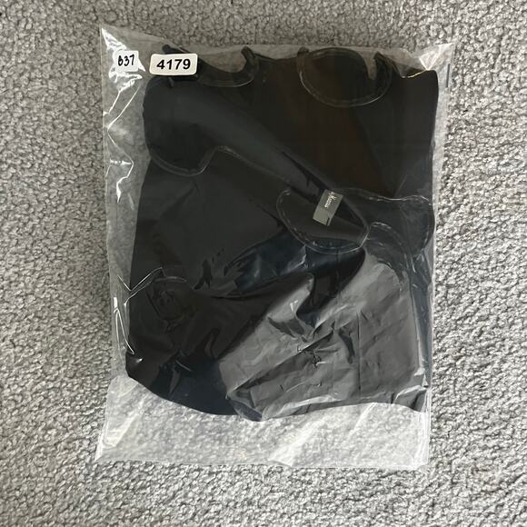 Neiman Marcus Cardigan Sweater Women L Black Open Ruffle Front Faux Leather Trim - Picture 8 of 8